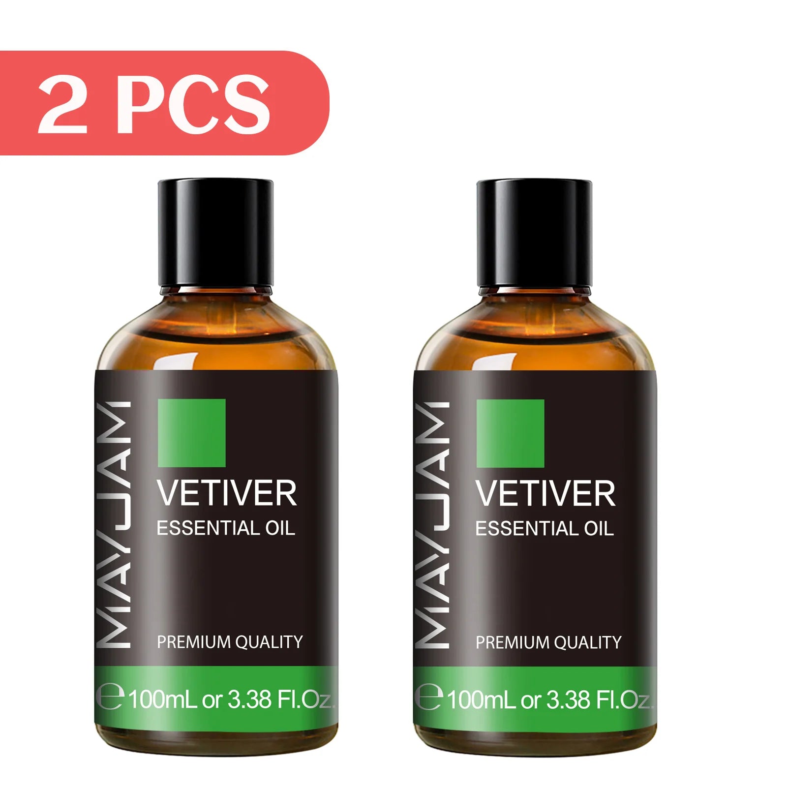 Vetiver essential oil, 2-pack amber bottles with black caps, 100ml.