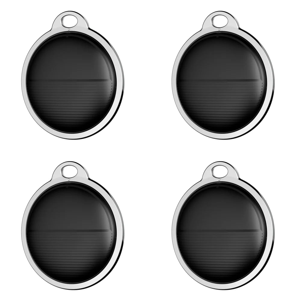 Four black mini GPS pet trackers for Apple Find My, portable Bluetooth locator for dog collars to keep pets safe.