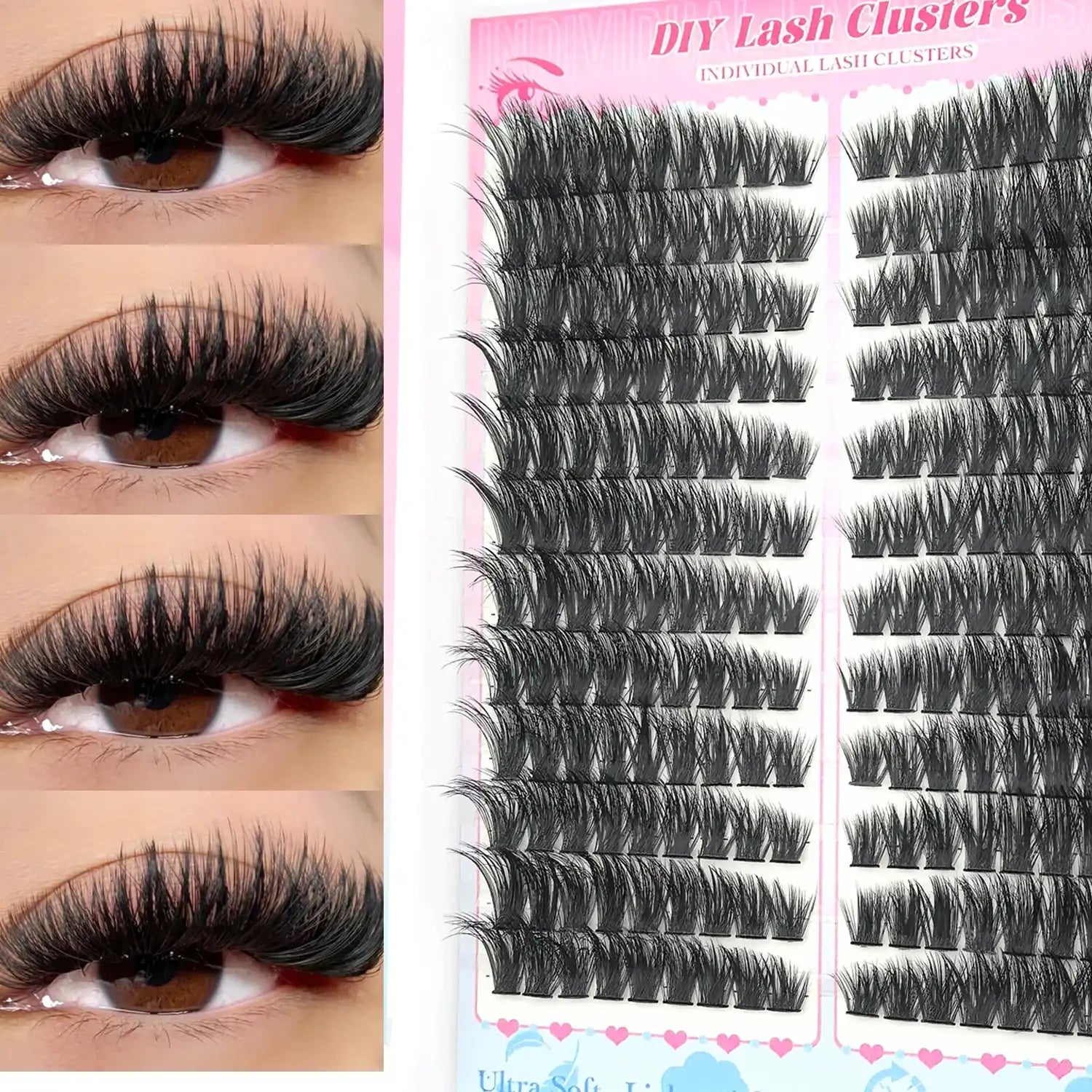 Tidesmit DIY black individual lash clusters with ultra-lightweight 0.05mm fibers, shown on a tray and applied on eyes.