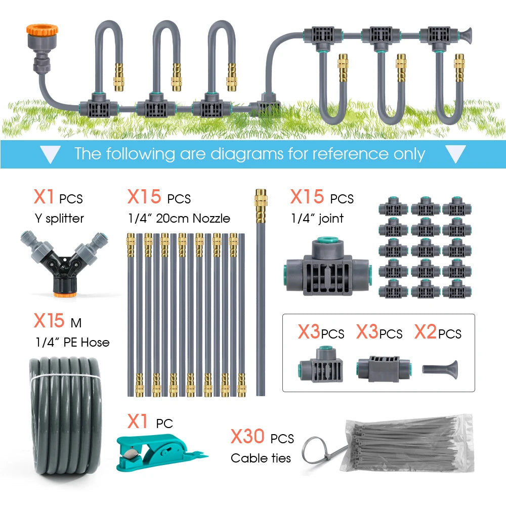 1/4'' Flexible 360° Rotary Adjustment Brass Nozzle Irrigation Set Quick Connection Automatic Atomization Garden Watering System