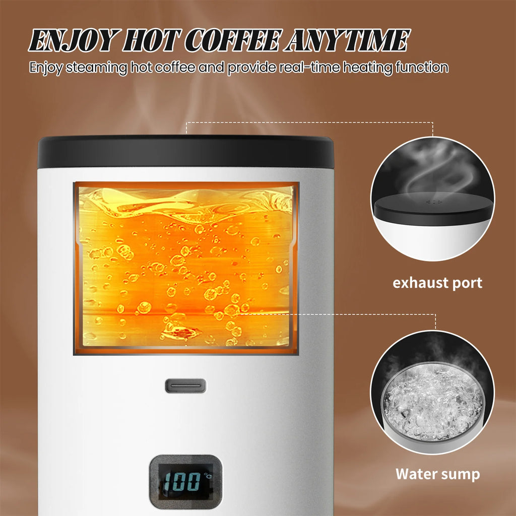 White portable coffee warmer with digital temperature display, water sump, and steam exhaust port.