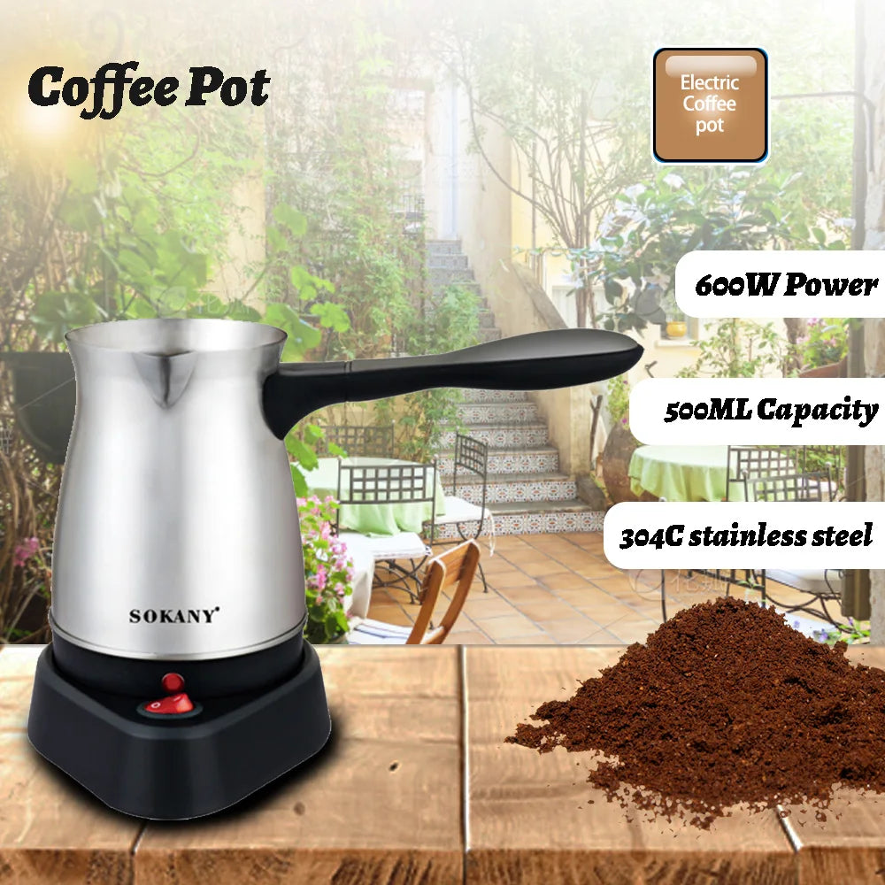 Sokany 500ml electric coffee pot in 304 stainless steel with black handle and 600W base for Turkish coffee.