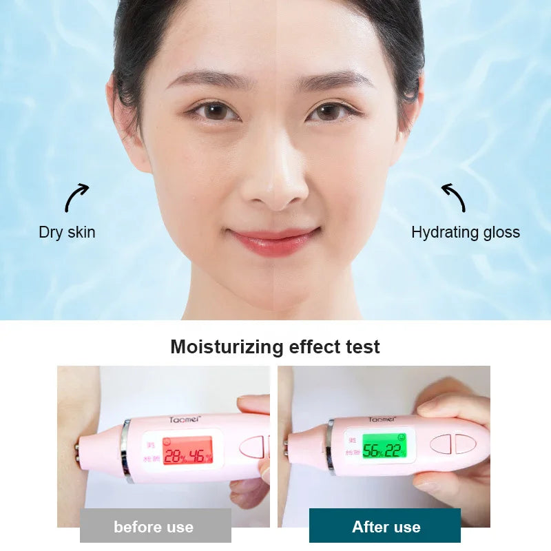 A woman’s face compared before and after using a jelly mask, with a skin moisture tester showing an increase in levels.