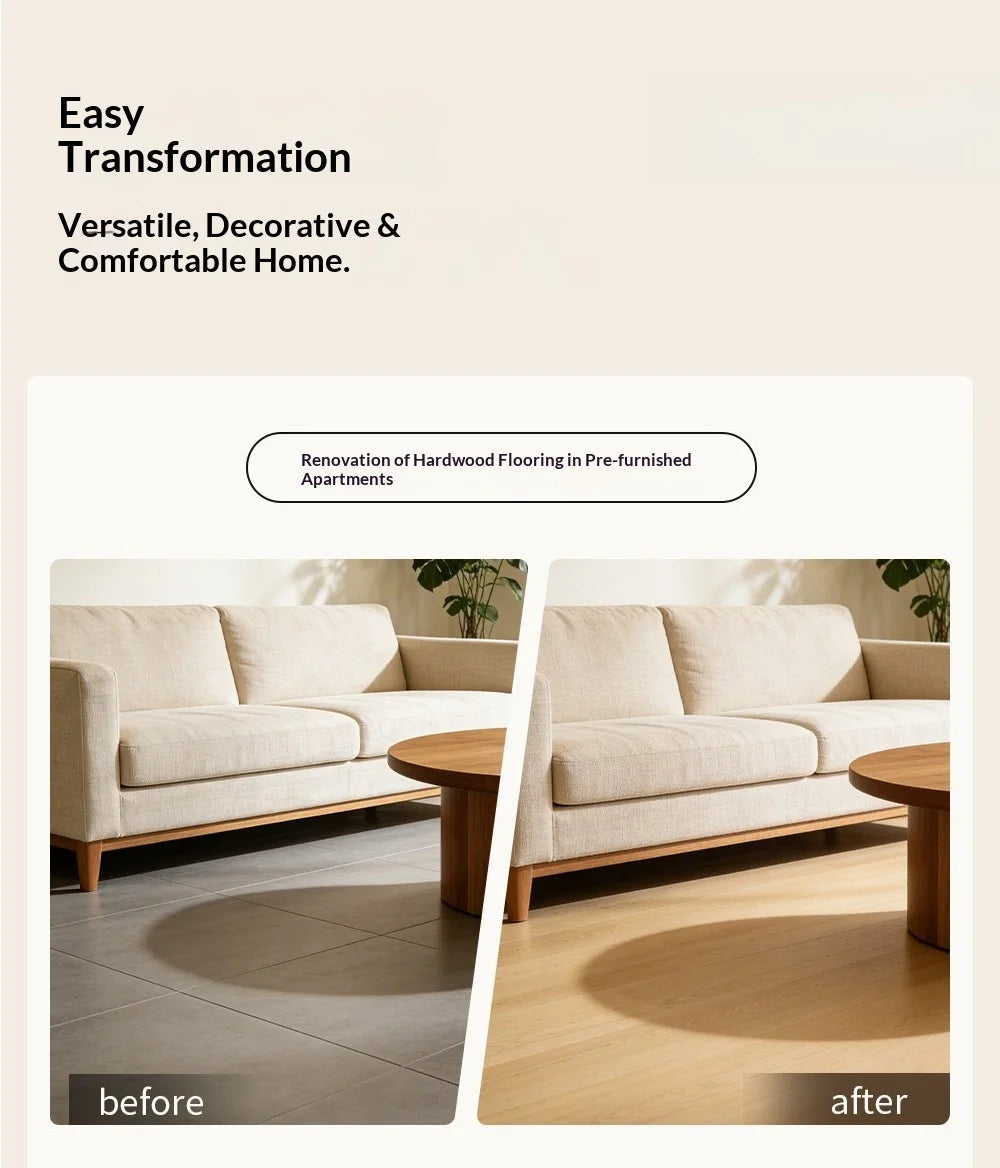 Vinyl flooring boards shown in before-and-after room photos
