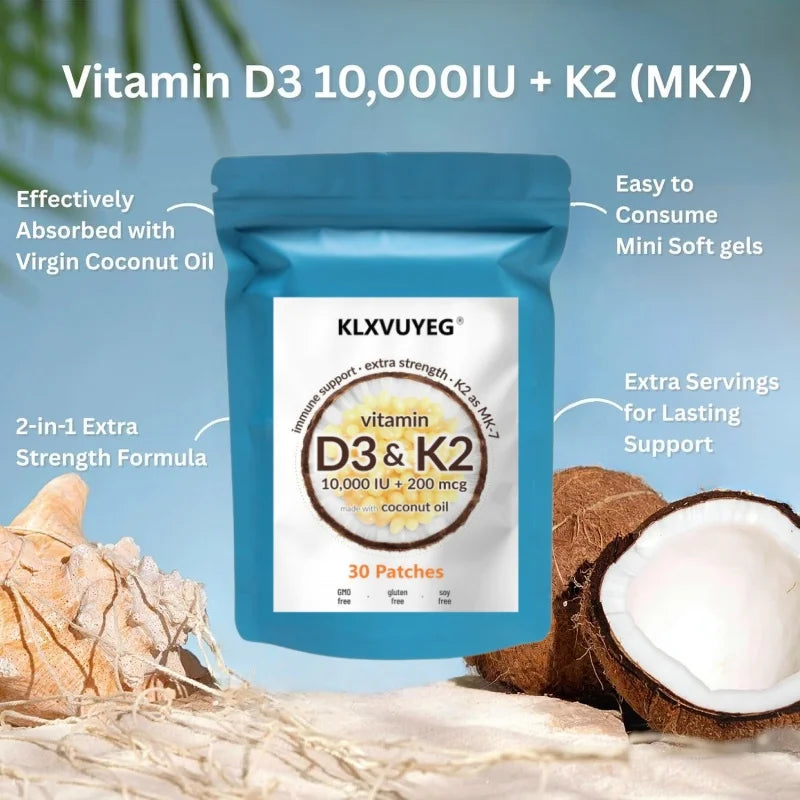 ﻿Vitamin D3 10000 iu Plus K2 | 2 in 1 Vitamins D & K Complex | Supports Calcium Absorption, Bone, Immune, & Heart Health, 30pcs