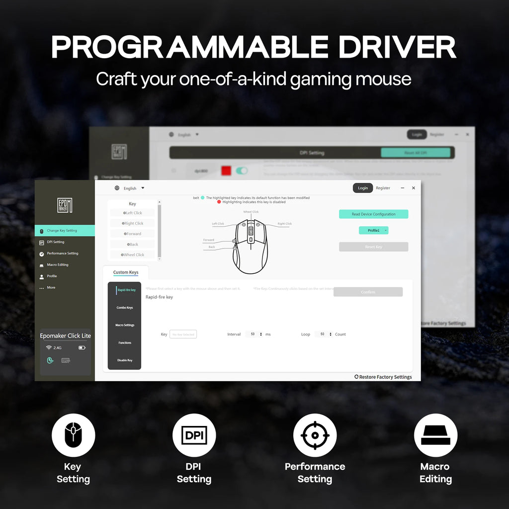EPOMAKER Click Lite Tri-mode Wireless Ergonomic Contours Gaming Mouse with PAW3311 Sensor & 800–24 000 DPI for Gaming