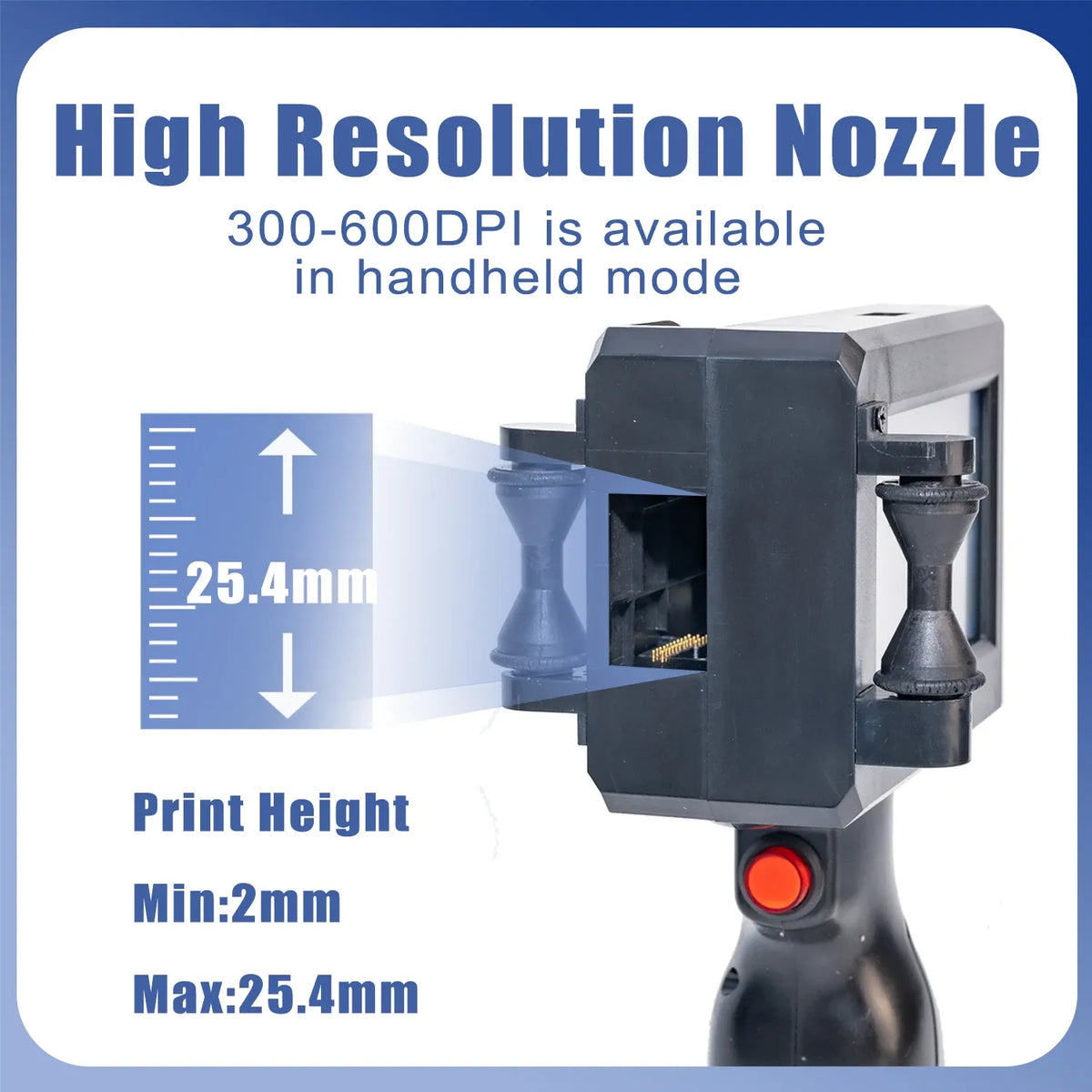 Handheld inkjet printer nozzle area with print height range 2mm to 25.4mm