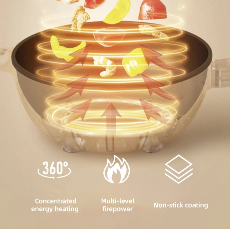 Electric hot pot with multi-level heating glow over nonstick cooking interior