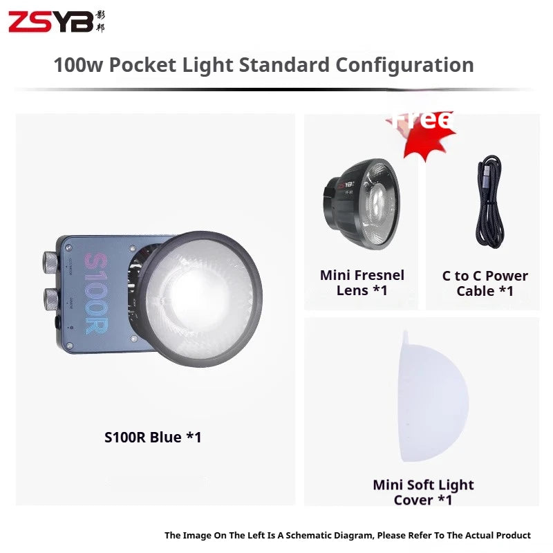 S100R 100W pocket light kit in blue, including a mini Fresnel lens, USB-C power cable, and a mini soft light cover.