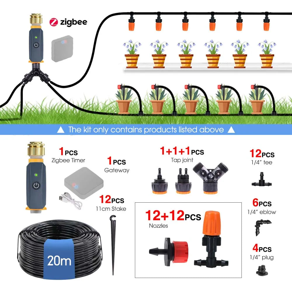 Zigbee irrigation kit contents illustration with timer, 20m hose, valves, and 1/4-inch plugs
