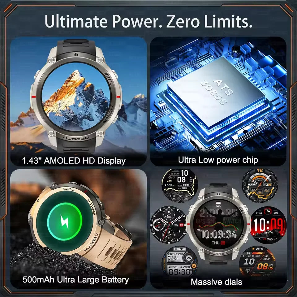 New Rugged GPS Sport Smartwatch 1.43" AMOLED Screen 5ATM Waterproof Offline Map Compass 500mAh Smart Watch for Men Android iOS