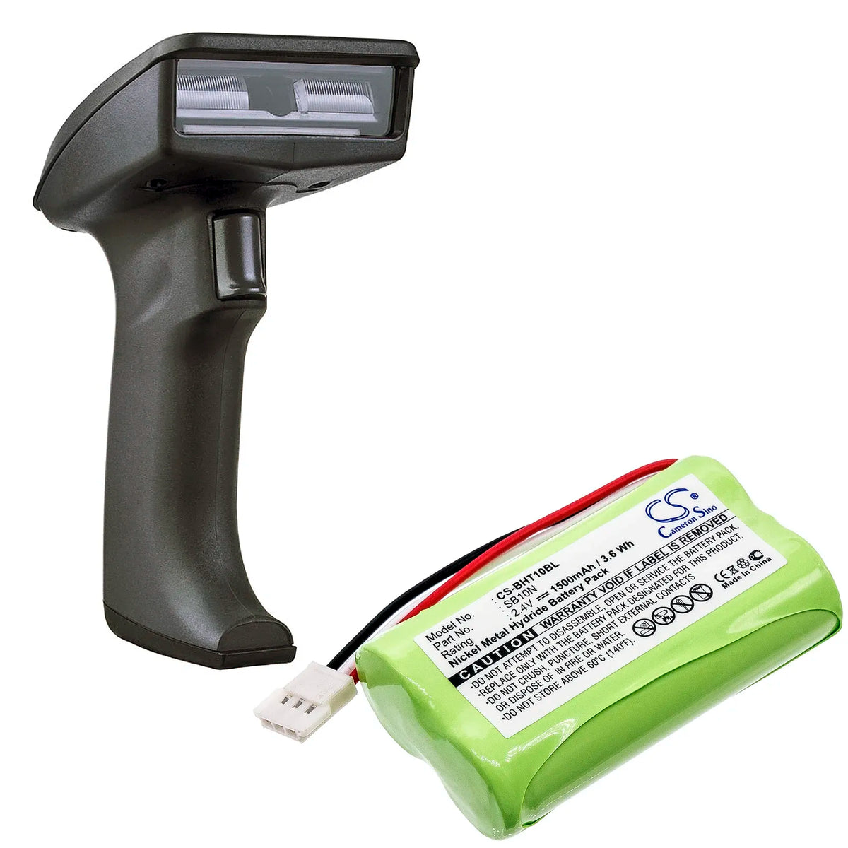 Barcode scanner handle with green battery pack and white plug connector