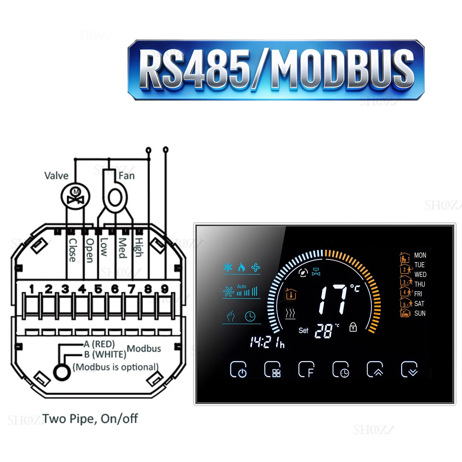 Wifi/RS485/Zigbee Thermostat Air Conditioning 3 Fan Coil Unit Home Cooling/Heating 2/4 Pipe Temperature Controller with Alexa