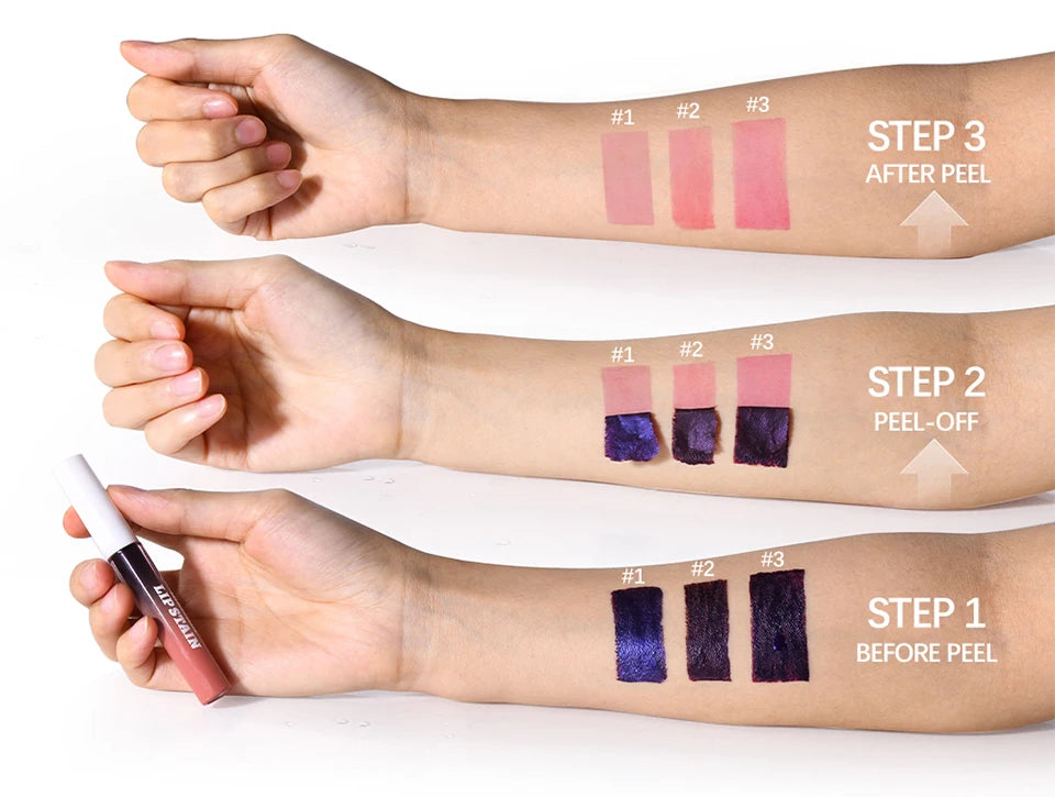 3-step demo of waterproof peel-off lip stain showing pigment transition from dark purple gel to natural pink tint.