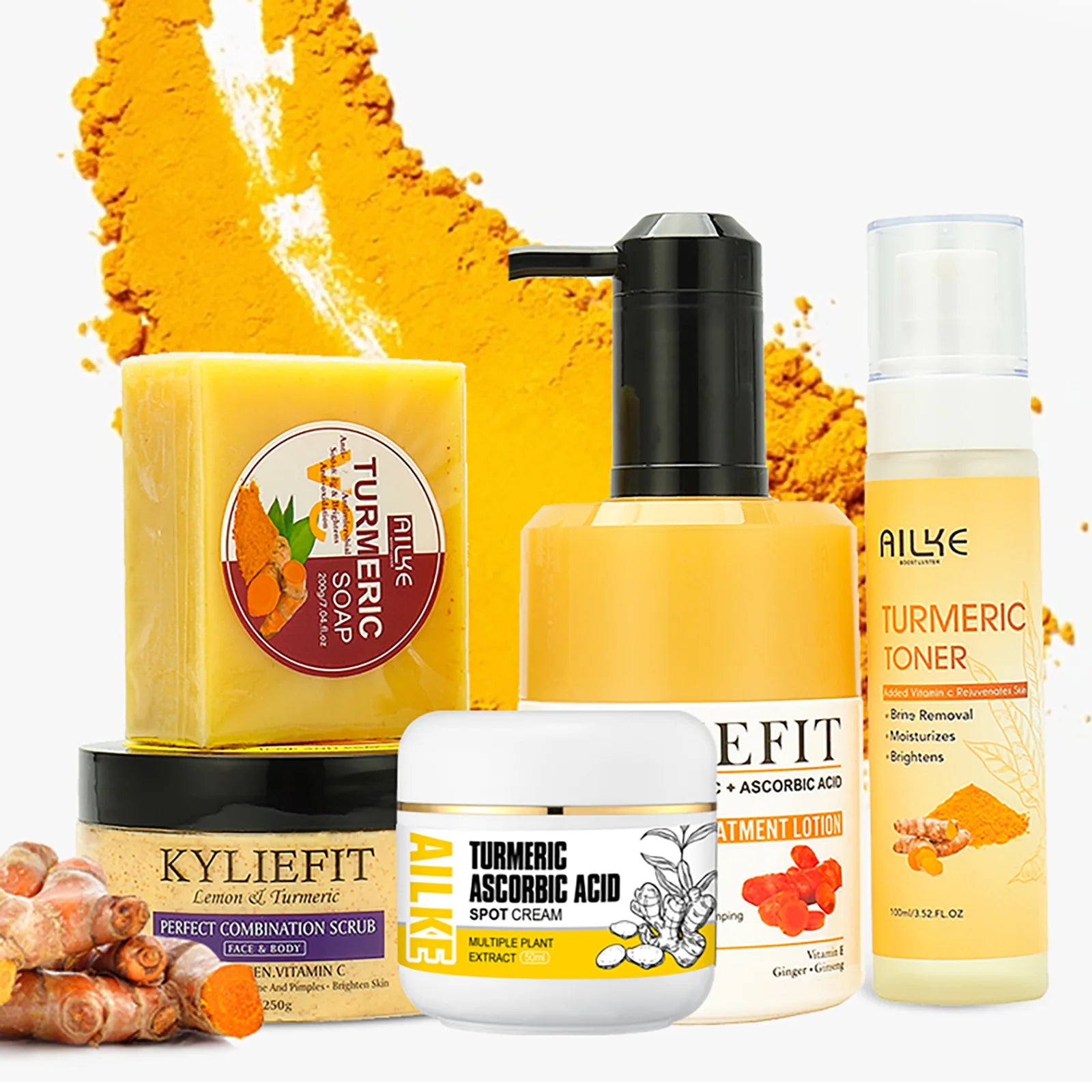 Turmeric skincare set with lotion bottles, cream jar, and bar soap pieces