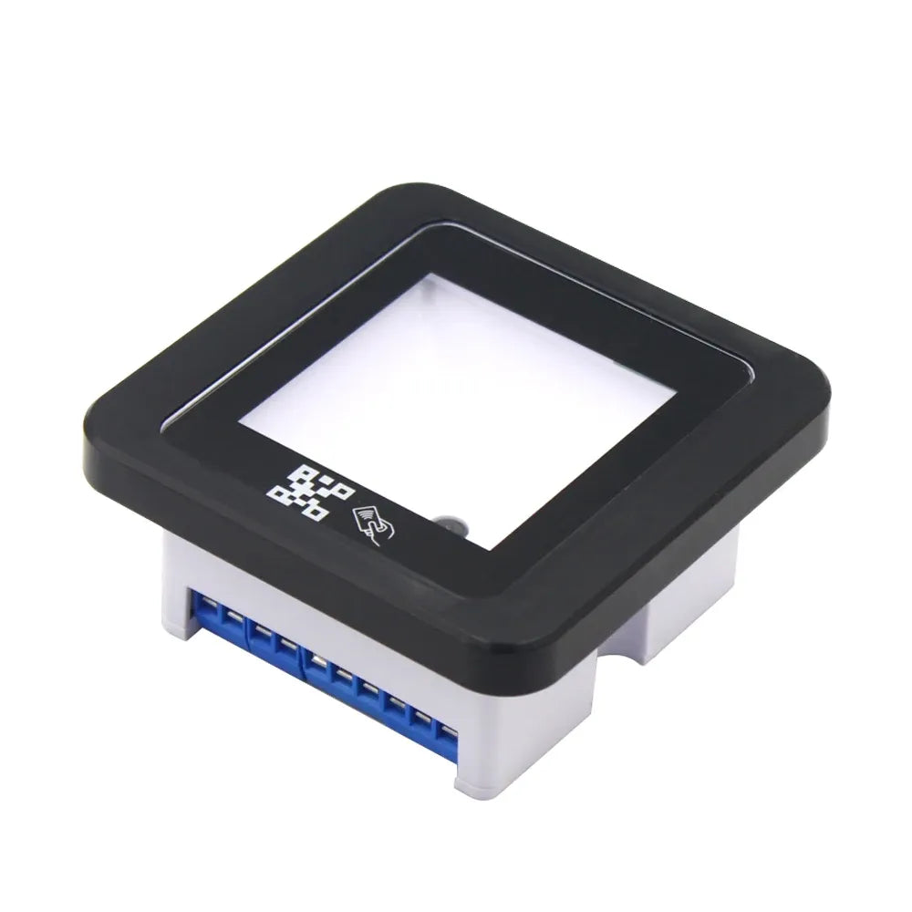 Black QR code access reader module with front window and blue connector strip
