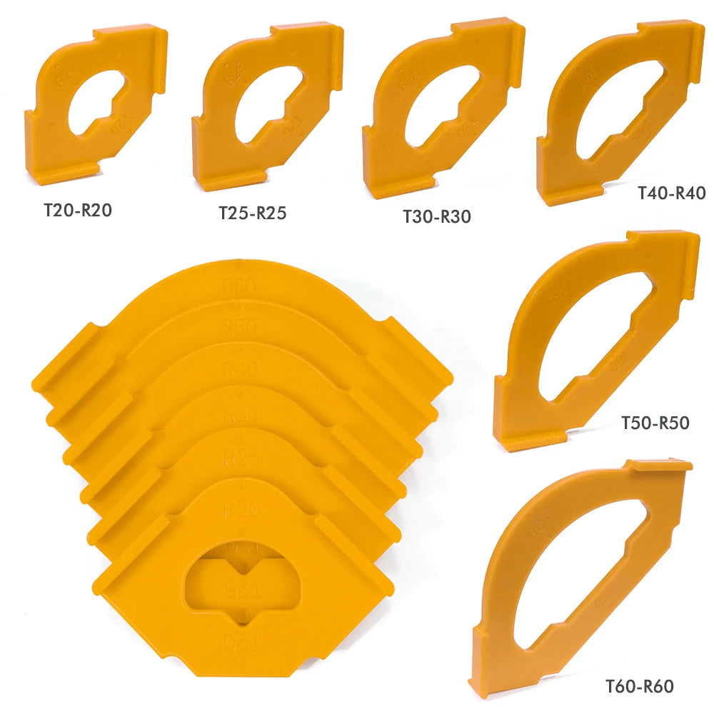 Woodworking corner trimming template set, yellow plastic corner and bevel cutout pieces
