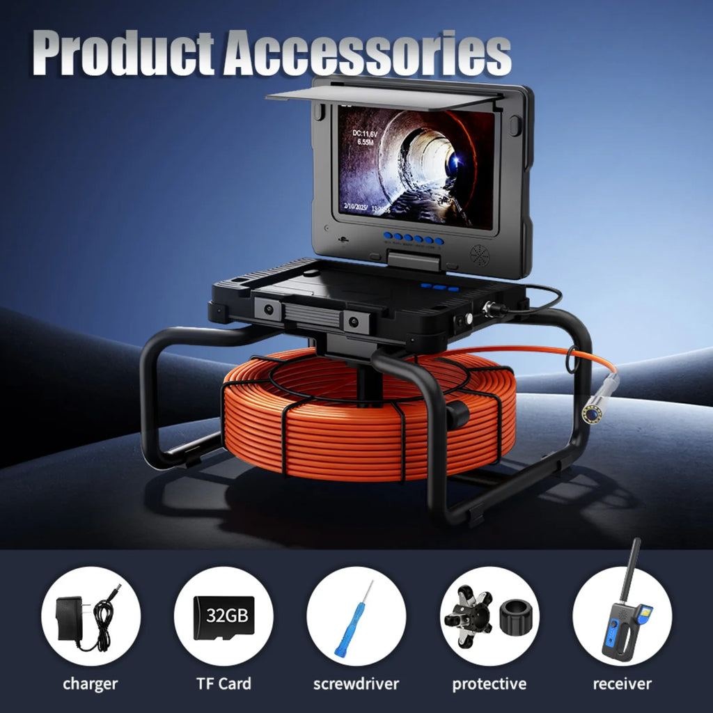 512Hz Self-Leveling Sewer Camera with Meter Counter,9"1080P DVR Drain Inspection Camera,7MM Diameter Cable 32GB TF Card 12 Leds