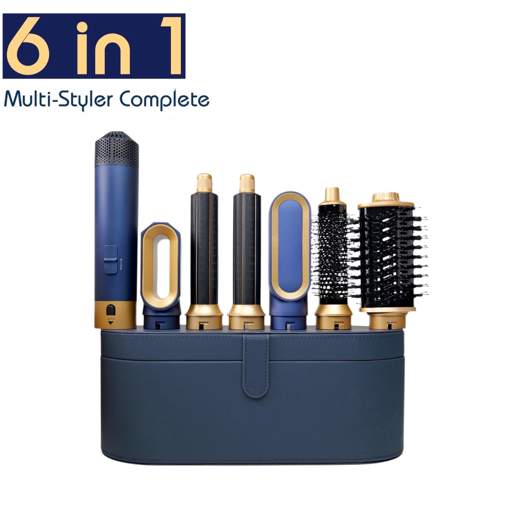 6-in-1 navy and gold hair multi-styler set with dryer, curling barrels, and brushes in a matching storage case.