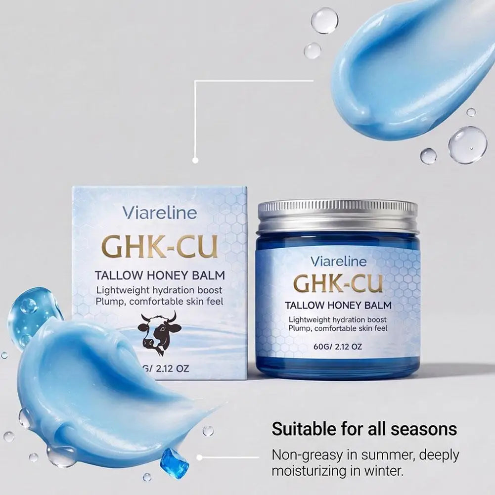 Viareline GHK-CU Copper Peptide Tallow Balm Day & Night Cream Firm Moisturize Honey Blue Balm for Mature, Dry & Sensitive Skin