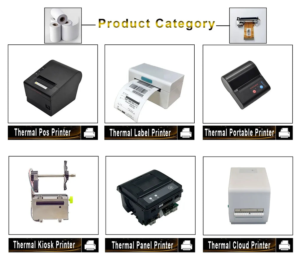 Thermal printer category collage showing label, portable, kiosk, and cloud printer images