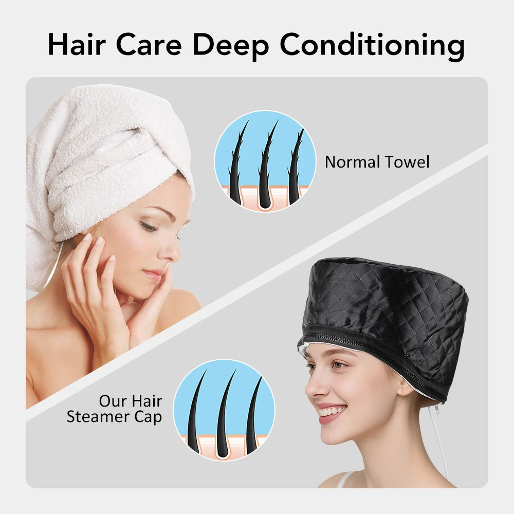 Black quilted PU leather electric hair steamer cap for deep conditioning and home salon hair mask spa treatments.