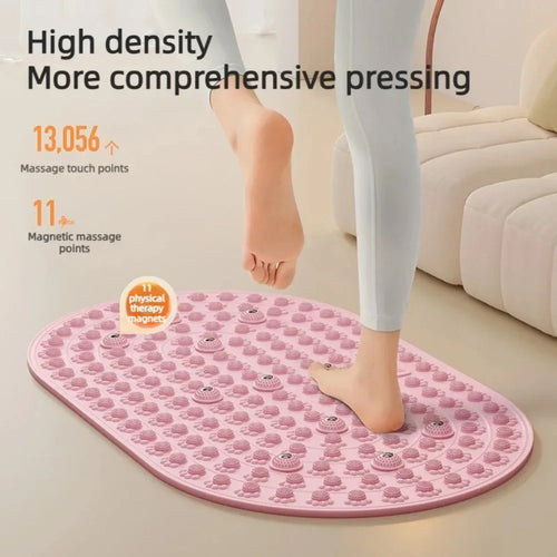 Foot yoga massage acupressure board, a smart yoga mat for foot care with magnetic points, side angle view.