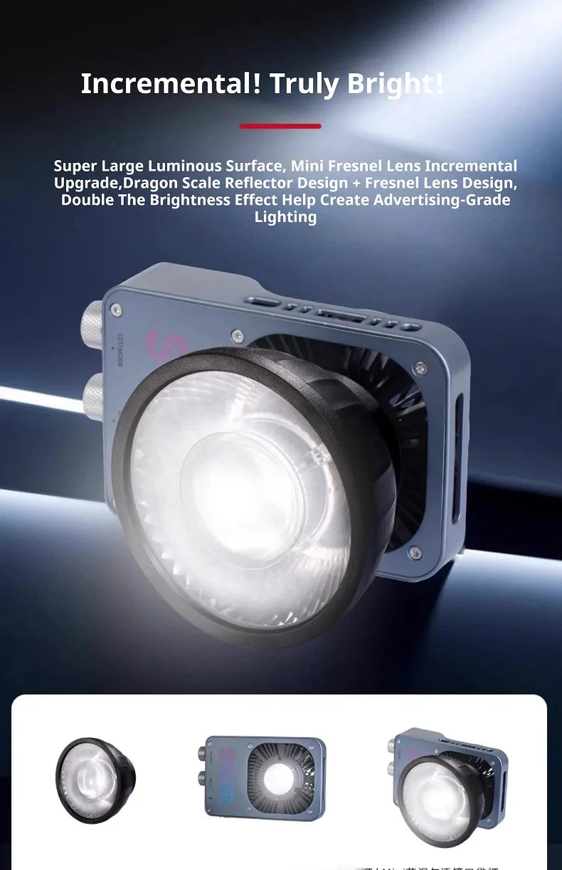 Compact gray LED video light with a round Fresnel lens and dragon scale reflector for professional lighting.