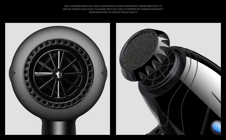 Black professional hair dryer with removable air filter and nozzle for salon-quality blow drying at home.