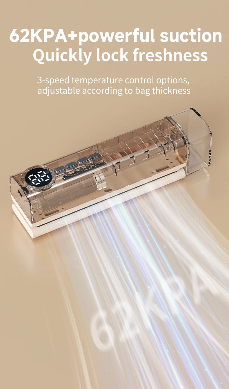 Portable Vacuum Sealer Machine 62kPa Rechargeable Food Vacuum Sealing Machine 150mm Heat Sealer with 3 Temperature Levels
