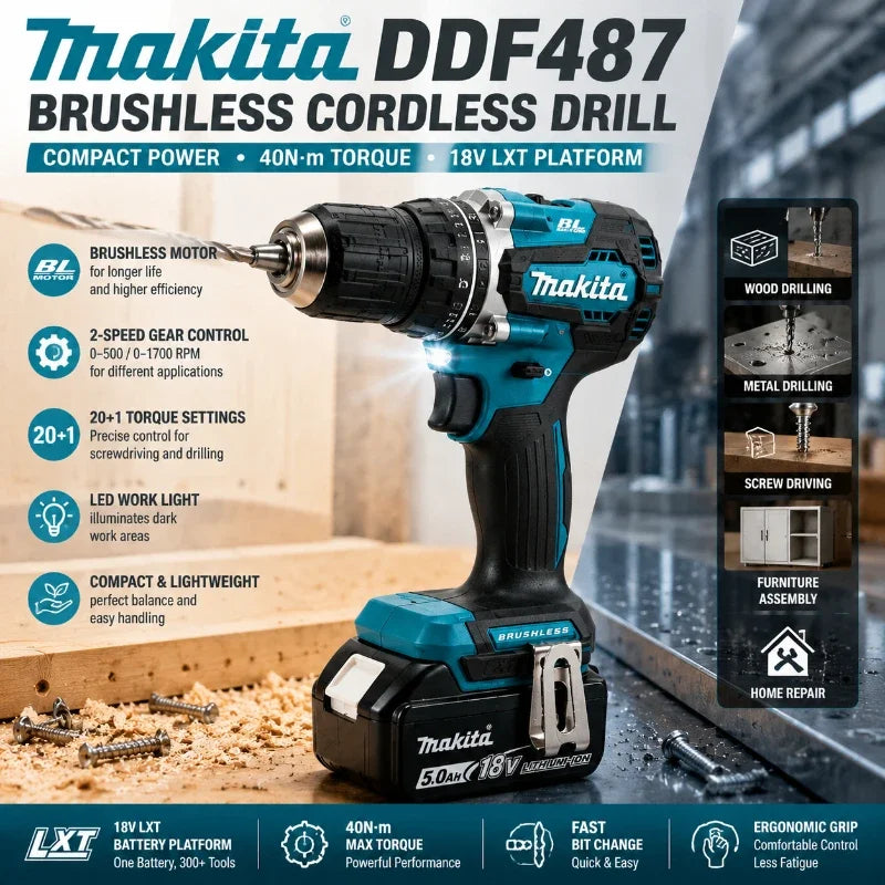 Original Makita 18V Cordless Drill Brushless High Torque Electric Drill DDF487 + Battery Pack BL1860B BL1840 DIY Professional Tool EU Fast Shipping