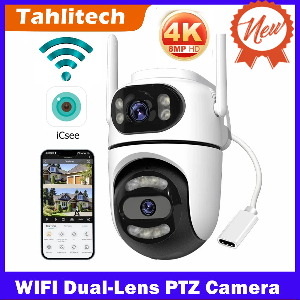 8MP 4K HD Wifi PTZ Camera iCsee APP Dual Lens Dual Screens Video Surveillance IP Camera Ai Tracking Outdoor Home Security CCTV
