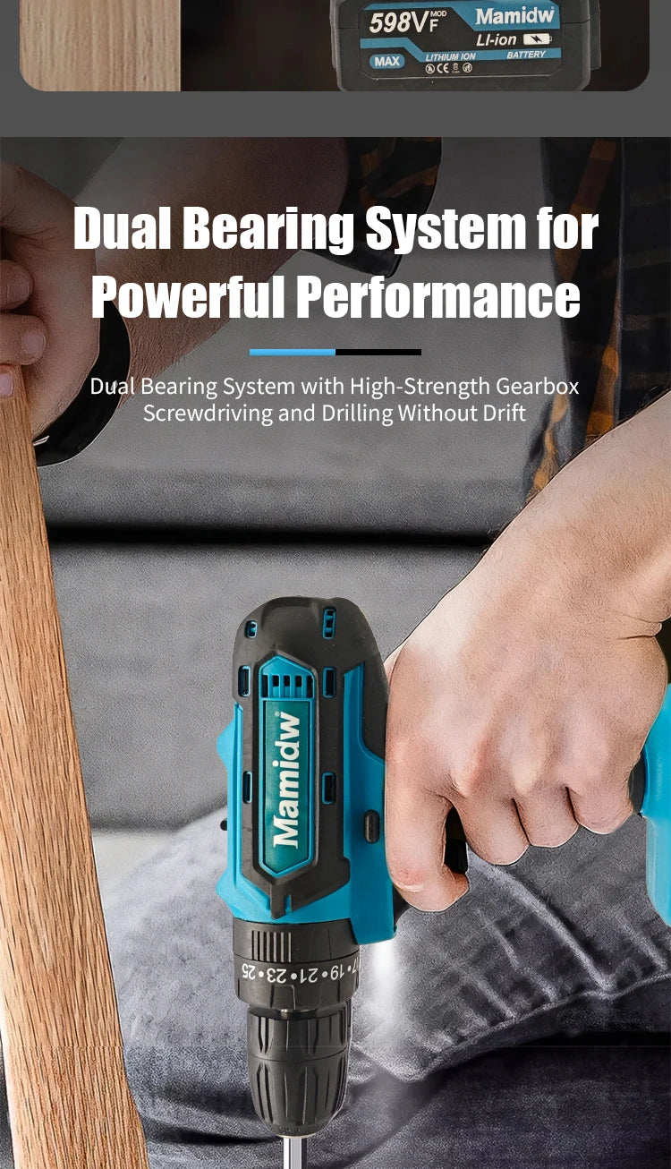 Mamidw Cordless Electric Drill 25N.M Max Torque 1150RPM 3/8 Inch 10mm Chuck Rechargeable Hand Drill for Household Furniture Assembly Wood Metal Drilling DIY Power Tools