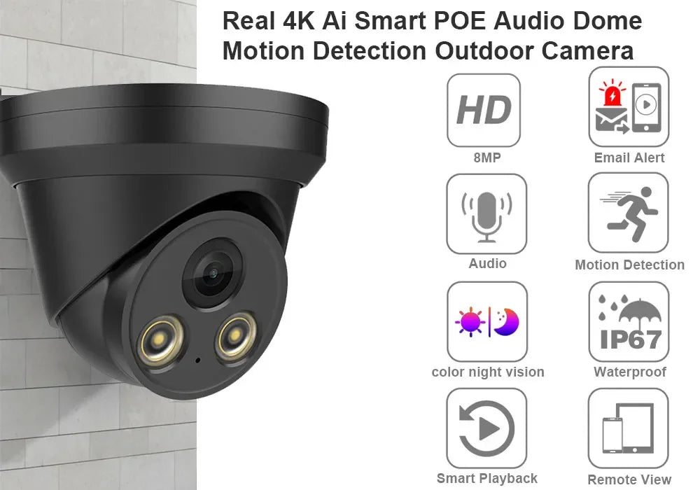 Ultra HD 4K 8MP CCTV PoE IP Camera Security Street Outdoor Indoor Micro Double Light Human Detection Color Full Night Vision Cam