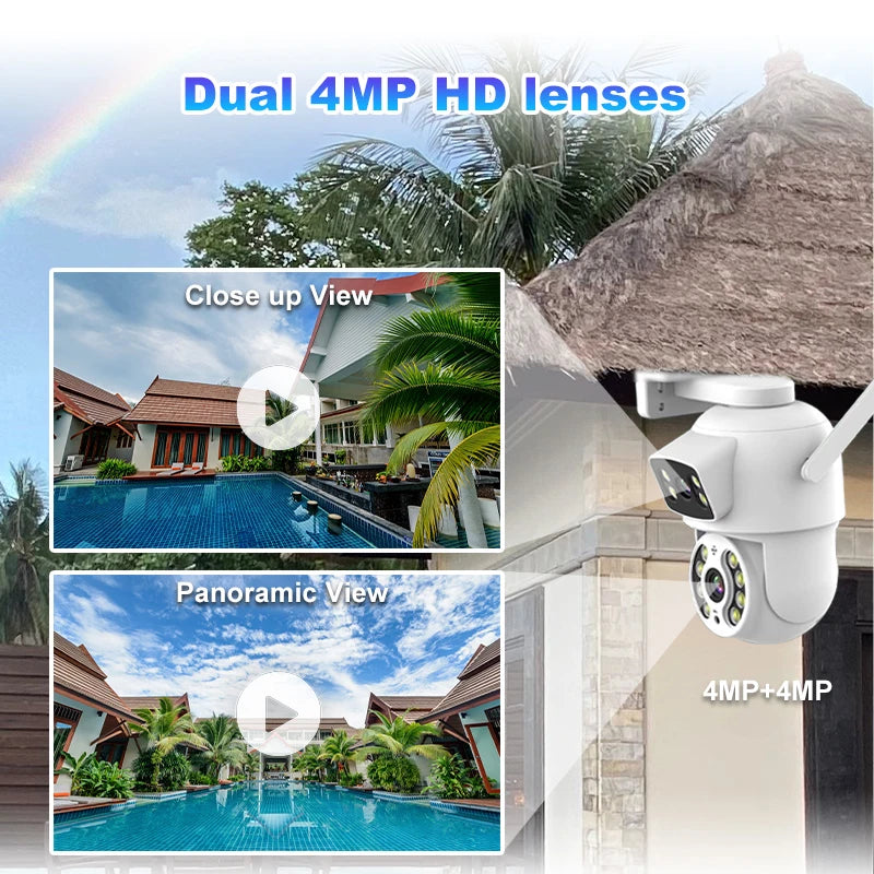 8MP 4K Dual Lens with Dual Screen PTZ Wifi Camera Ai Human Detect Auto Tracking Wireless Outdoor Surveillance Camera iCSee App