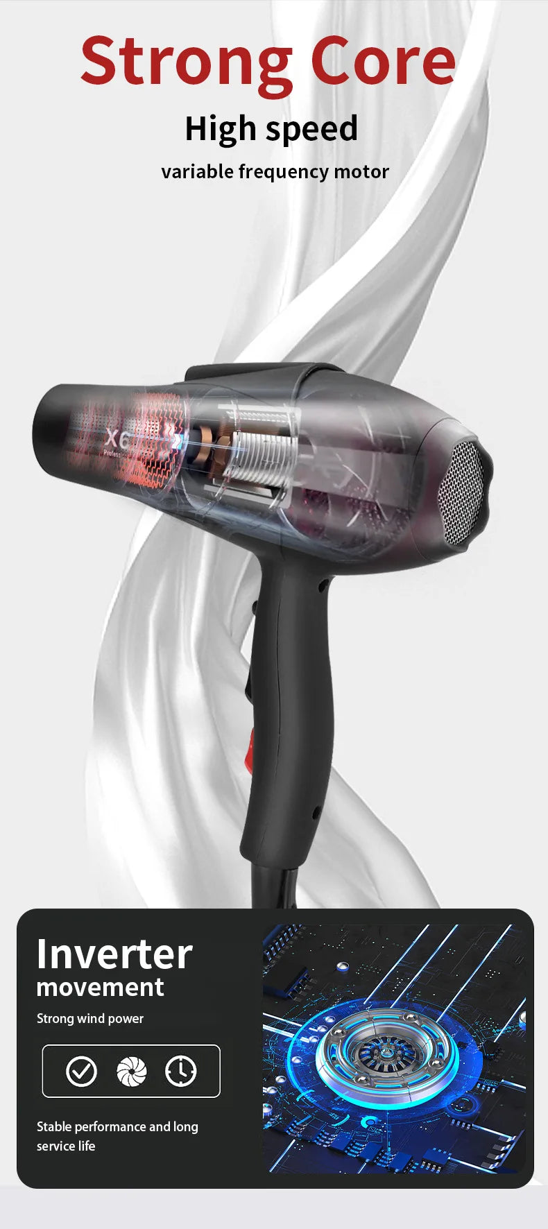 Black X6 professional 2400W hair dryer with high-speed inverter motor for fast drying and powerful airflow.