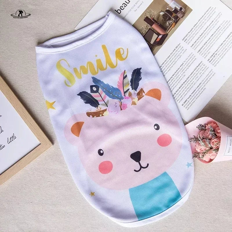 White summer puppy vest for small dogs with cute cartoon bear print, soft breathable fabric for pet comfort.