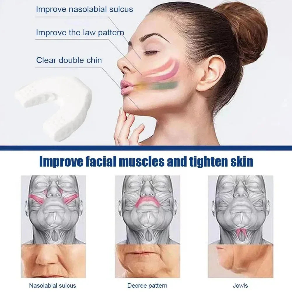 White horseshoe-shaped silicone facial exerciser designed to tone muscles and reduce fine lines and double chins.