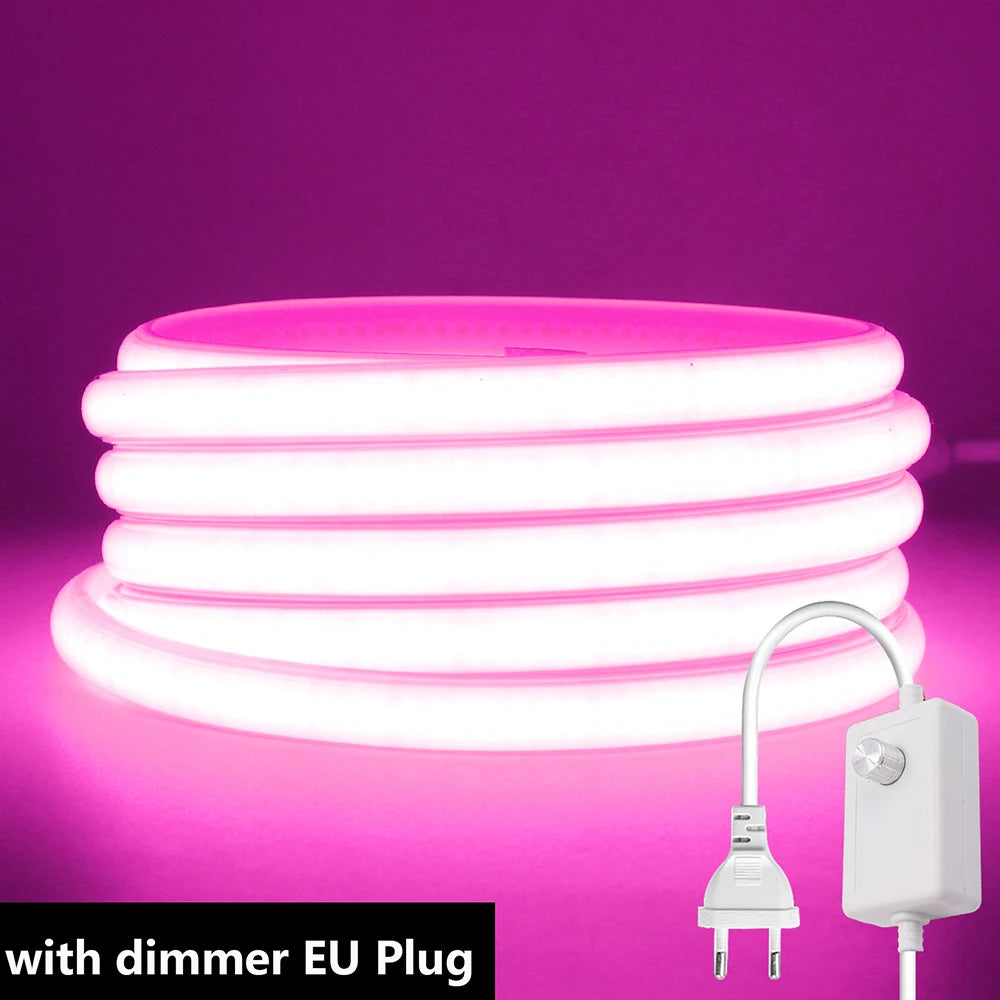 Dimmable LED neon strip with EU dimmer plug, pink-purple glowing flexible loops