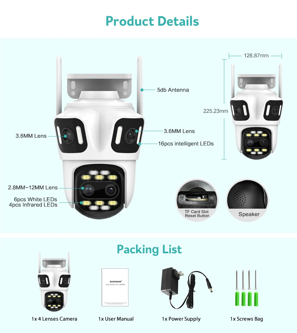 Wifi Camera Outdoor PTZ 4 Lens 4 Screen 8X Hybrid Zoom AI Auto Tracking Linkage Video Bluetooth Security Camera IP iCSee APP