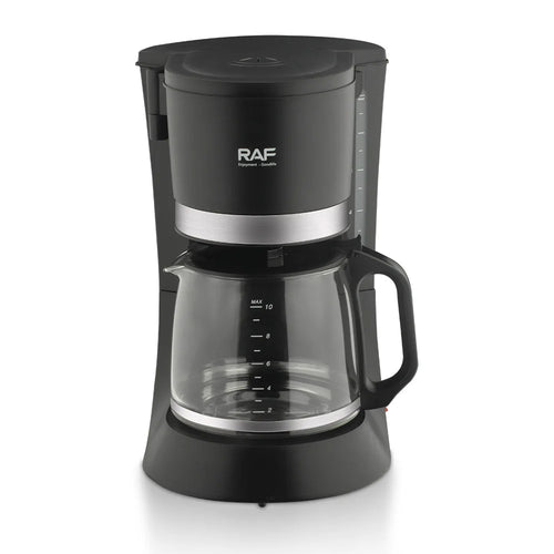 RAF black 10-cup drip coffee maker with glass carafe, featuring plastic construction and metallic accents.