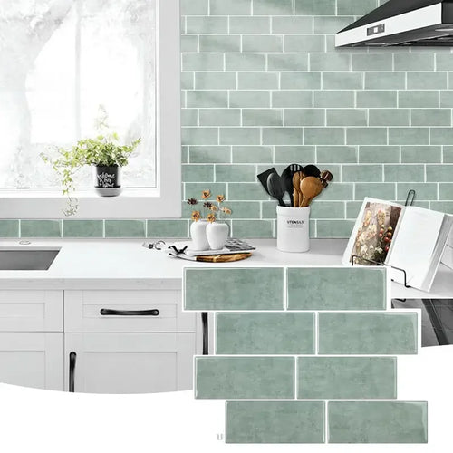 Green brick-pattern 3D backsplash tiles in staggered layout for kitchen walls