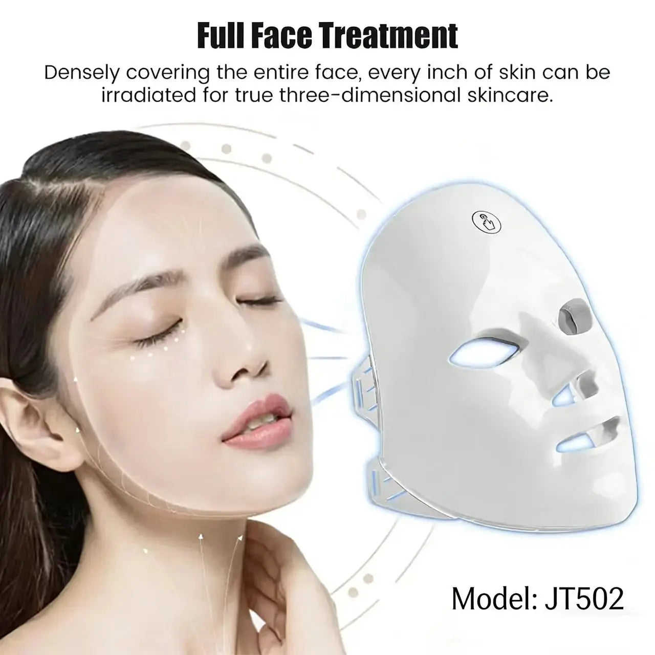 White, rechargeable LED facial mask for skin rejuvenation next to a woman’s face.
