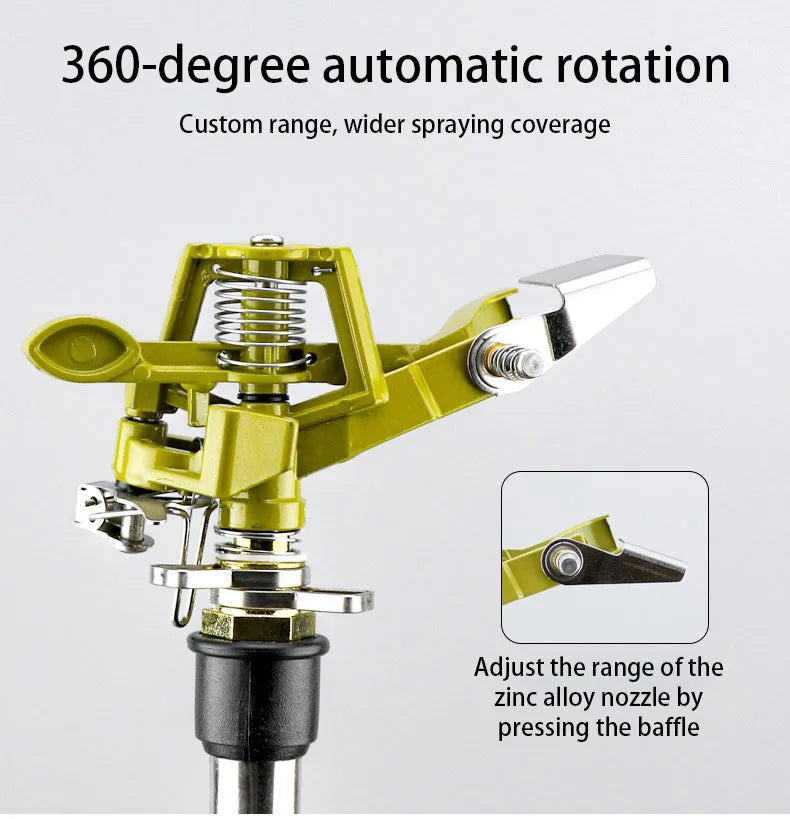 Yellow rotating sprinkler head on tripod stand with adjustable range baffle