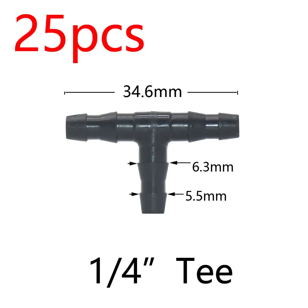Black barbed 1/4 in hose tee connector for drip irrigation, three-way split