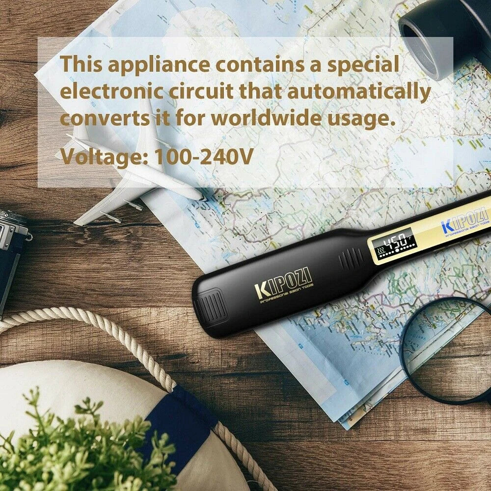 KIPOZI titanium flat iron hair straightener with digital LCD display for worldwide dual voltage travel styling.