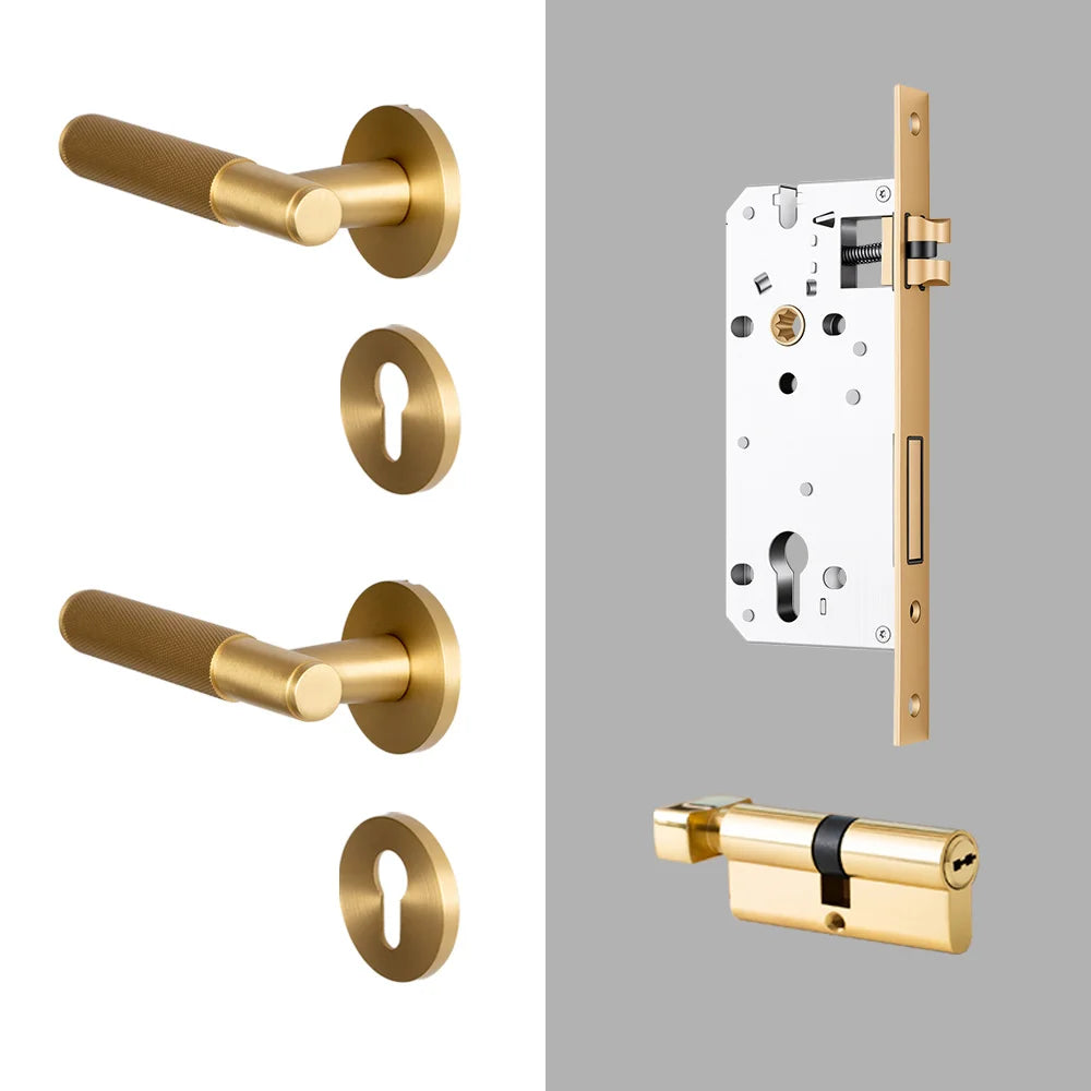 DOOROOM Brass Door Lock Set Modern Knurled Matte Brushed Copper Interior Door Lock Decorative Lock Privacy Lock Passage Lock