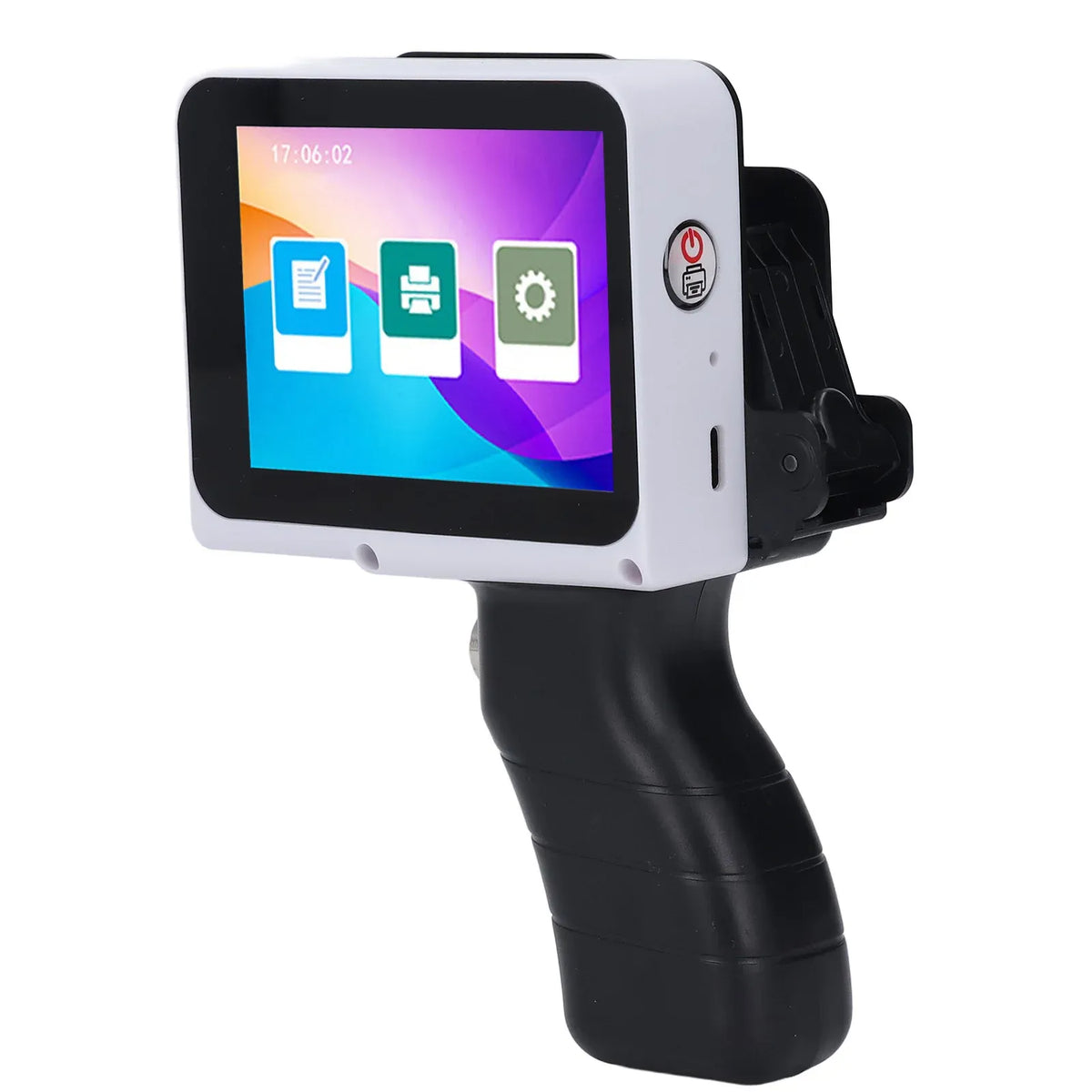 Handheld inkjet printer with black grip and color touchscreen display