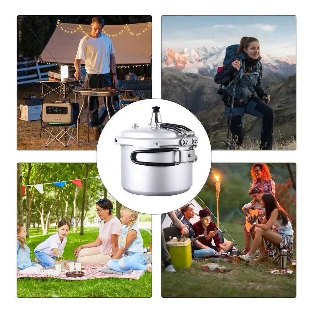 Portable pressure cooker centered on the screen with silver lid and black latch handle