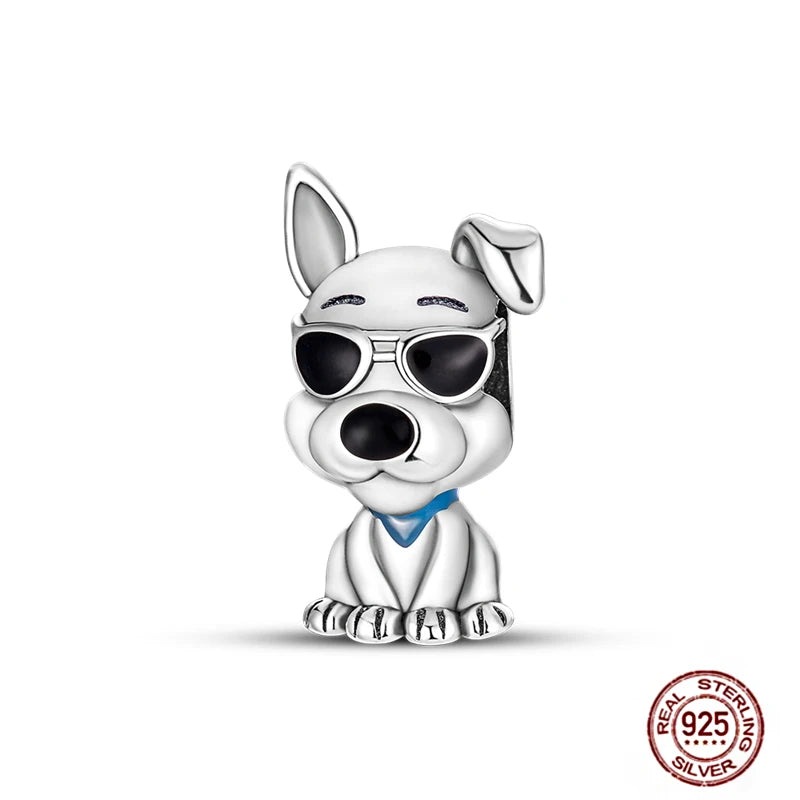 Cute 925 sterling silver puppy dog charm wearing sunglasses for charm bracelets, perfect for pet lovers' DIY jewelry.